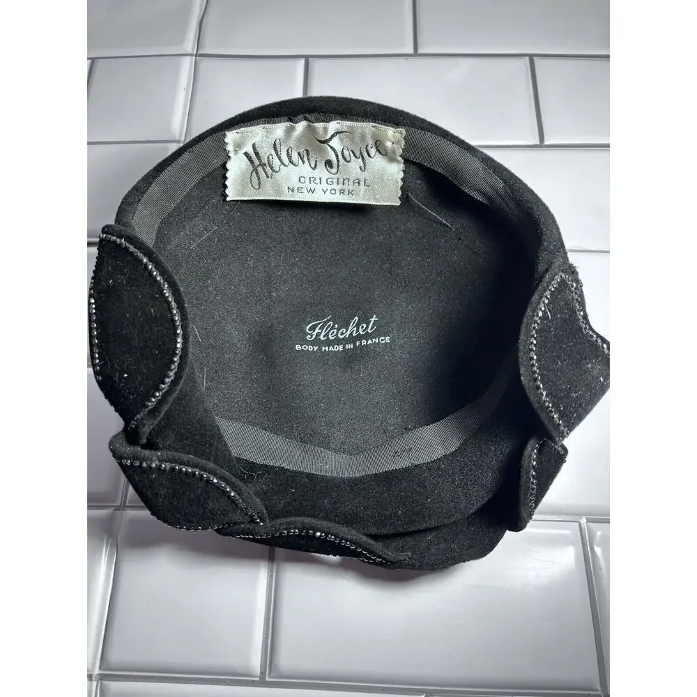 Helen Joyce Original New York Black Velour Vintage Hat With Rhinestones Fle’chet